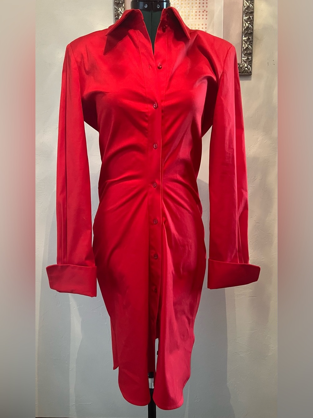 Alexander McQueen Red Long-Sleeve Shirt Dress, Winter 2024 RTW, size 46, NWT